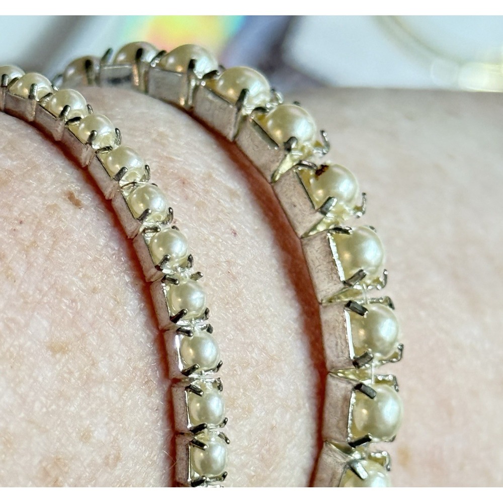 Vintage Lot of 2 Prong Set Faux Pearl Bracelet Stretch Cuff